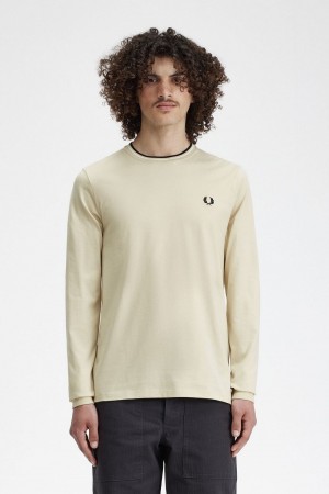 Fred Perry Twin Tipped Men's T-Shirt Oatmeal Beige Black | JIPCX7904