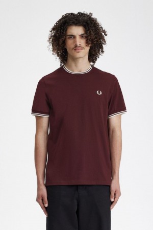 Fred Perry Twin Tipped Men's T-Shirt Oxblood | XRVPL7965