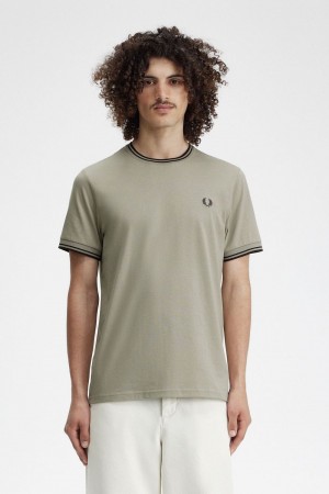 Fred Perry Twin Tipped Men's T-Shirt Warm Grey Dark Red | ZHVNP4038