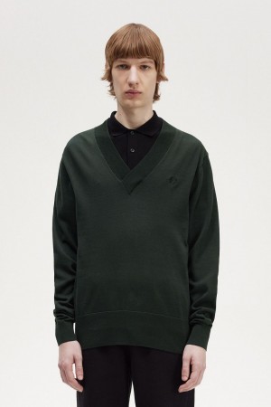 Fred Perry V-Neck Men's Jumper Night Green | CMYXI4375