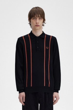 Fred Perry Vertical Stripe Knitted Men's Shirt Black | GJTCI4875