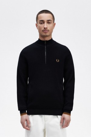 Fred Perry Waffle Stitch Half Zip Men's Jumper Navy | CSQGU3281