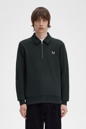 Fred Perry Zip Neck Collar Men's Sweatshirts Night Green | MLUHF0326