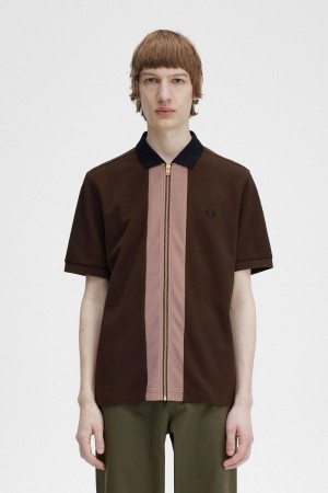 Fred Perry Zip Through Men's Polo Shirt Burnt Tobacco | ZBOTJ6051