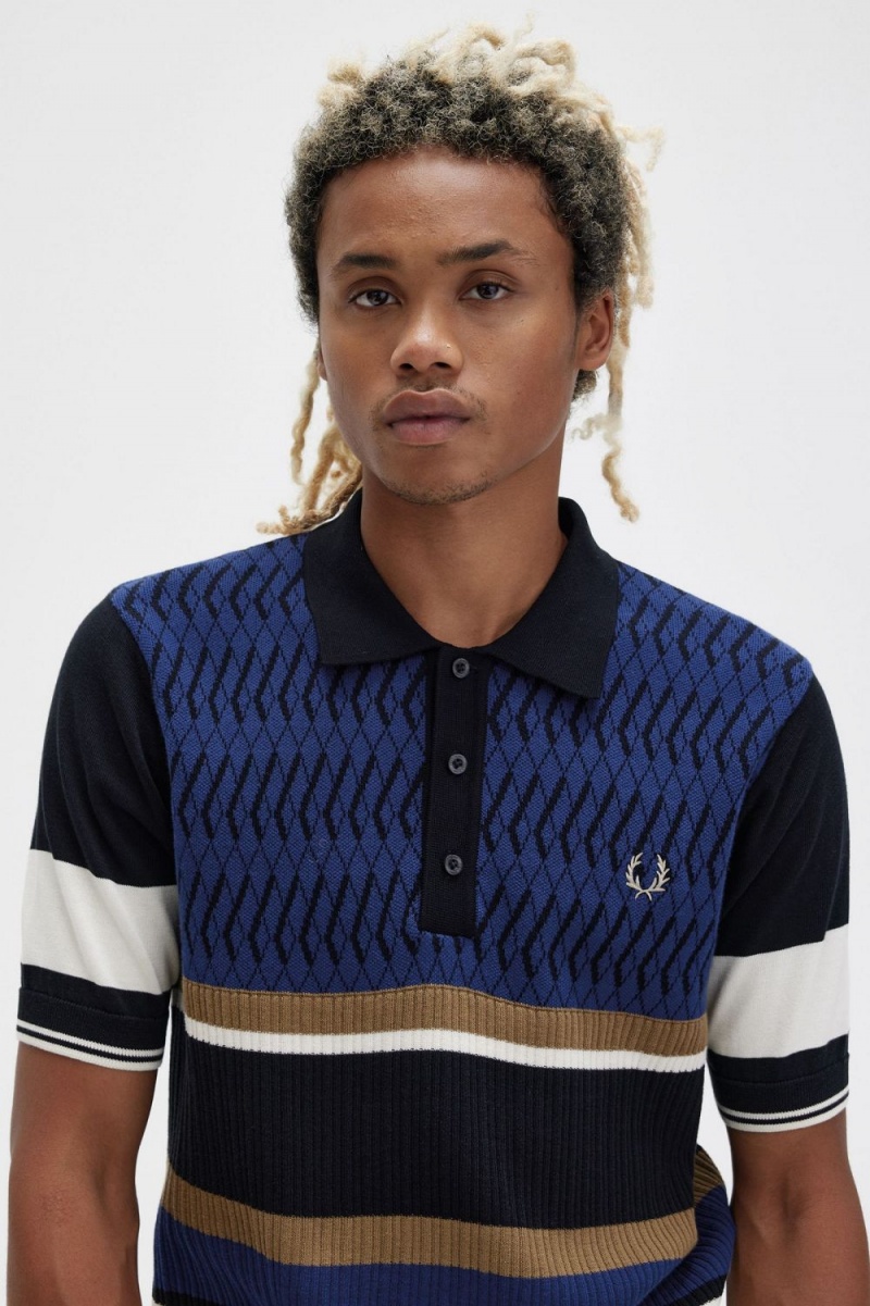 Fred Perry Argyle Panel Knitted Men's Shirt French Navy | JZAYU3804