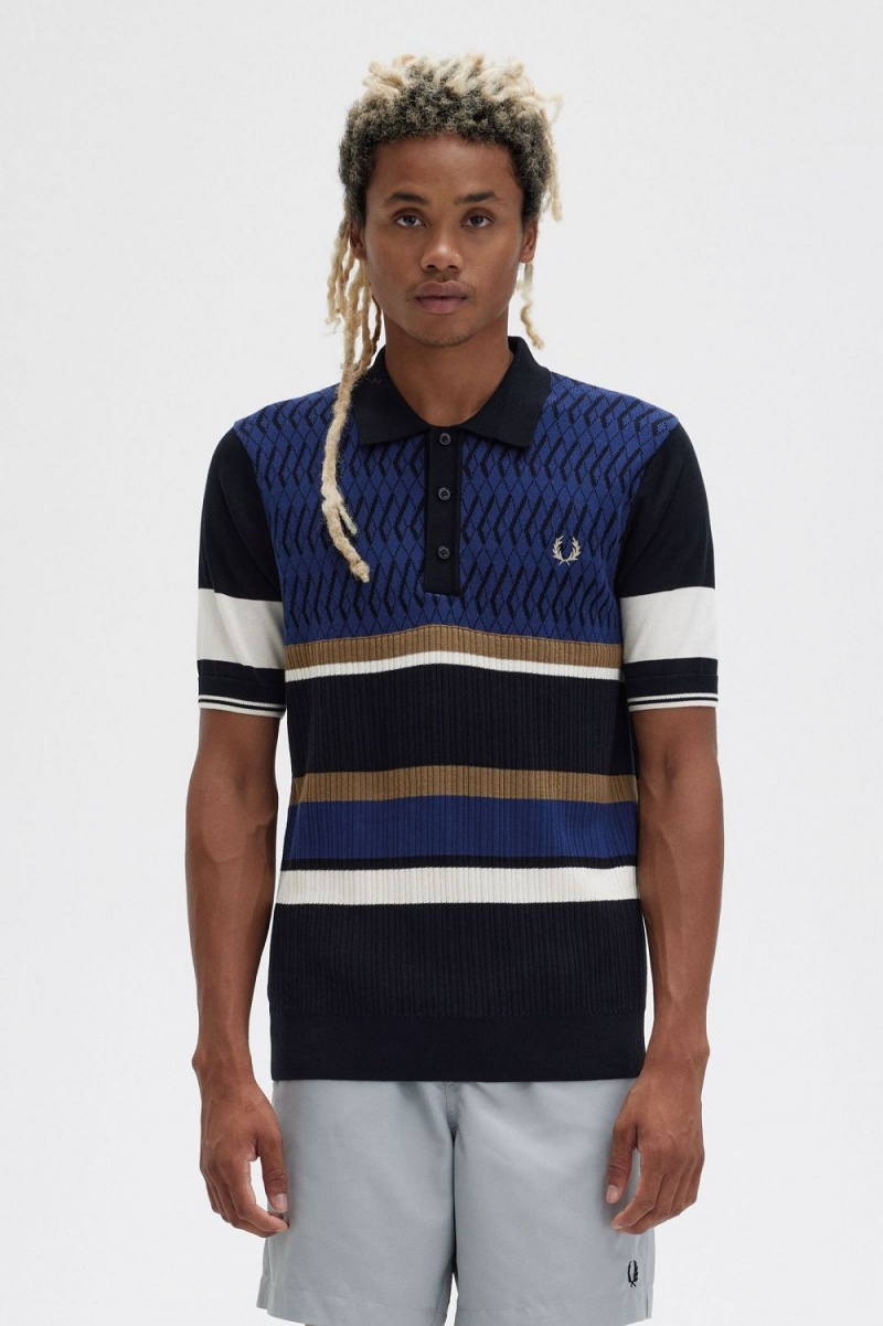 Fred Perry Argyle Panel Knitted Men\'s Shirt French Navy | JZAYU3804