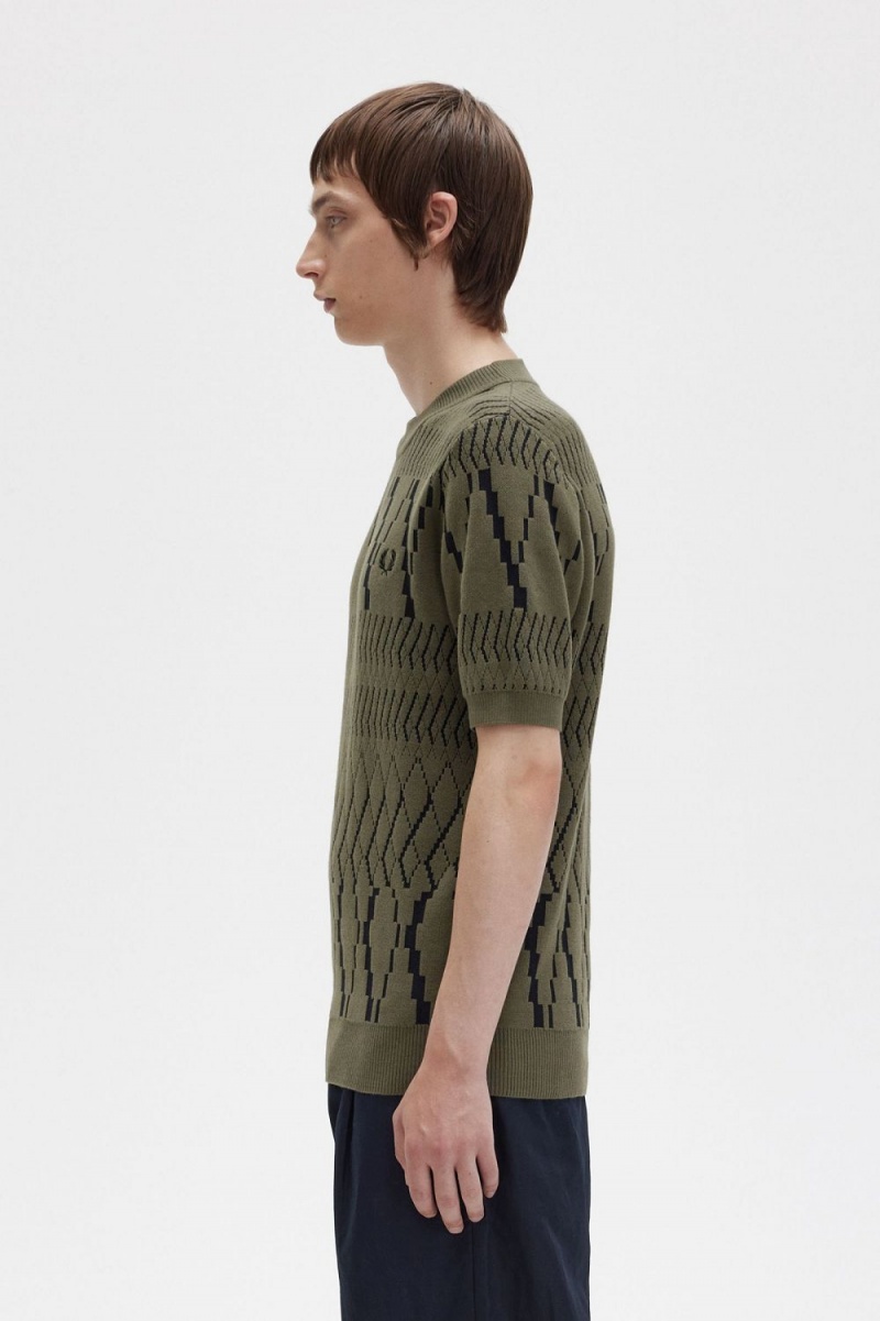 Fred Perry Argyle Panel Knitted Men's T-Shirt Uniform Green | UJRNO3850