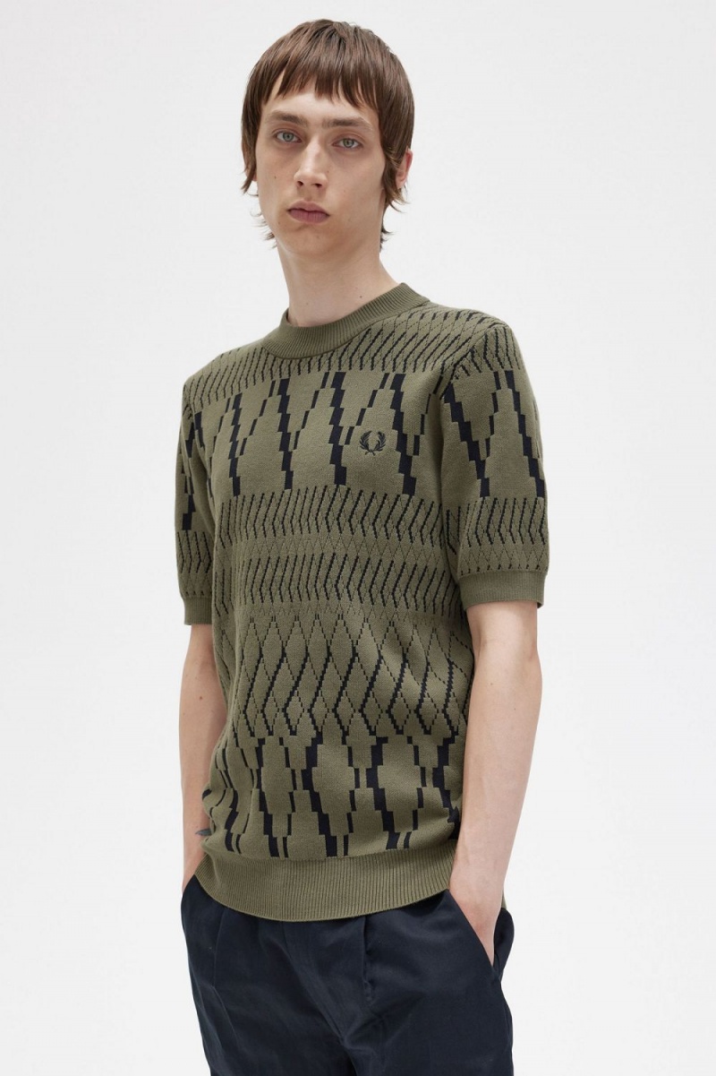 Fred Perry Argyle Panel Knitted Men's T-Shirt Uniform Green | UJRNO3850