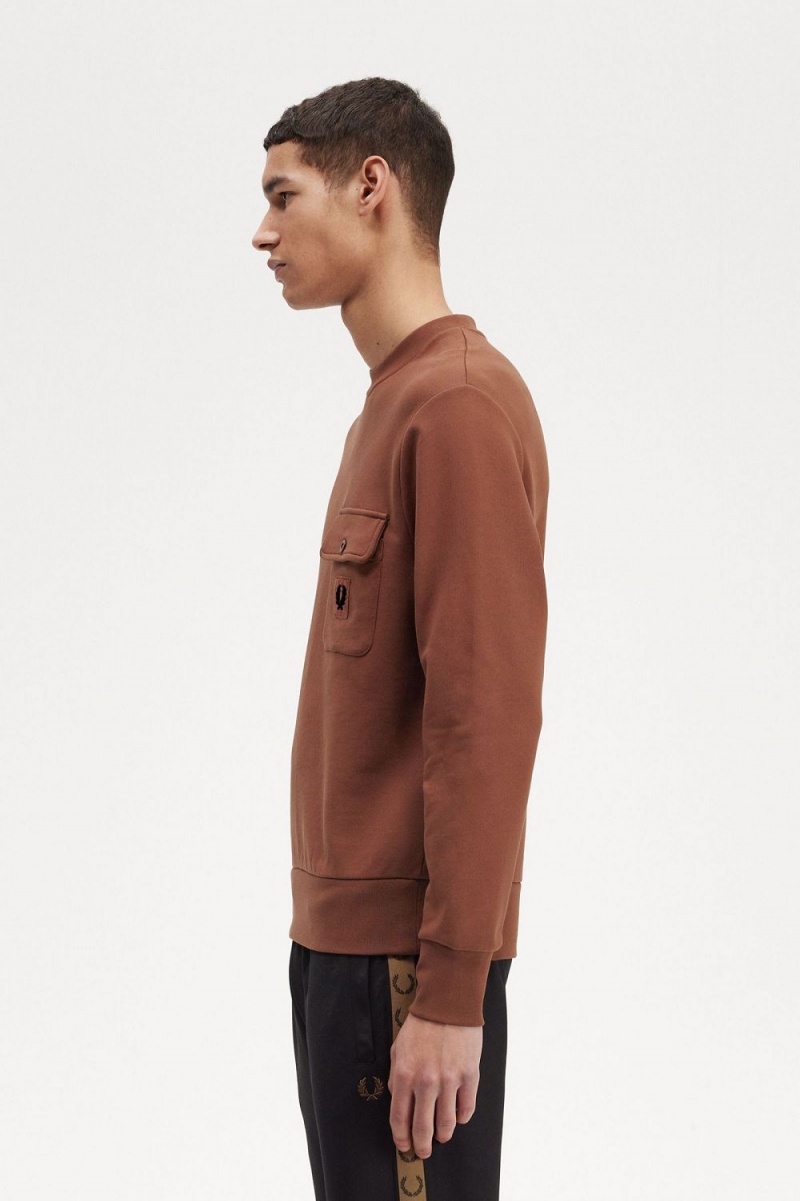 Fred Perry Badge Detail Crew Neck Men's Sweatshirts Whisky Brown | PQJYU7625