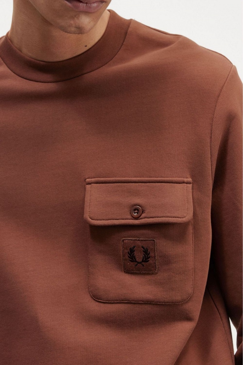 Fred Perry Badge Detail Crew Neck Men's Sweatshirts Whisky Brown | PQJYU7625