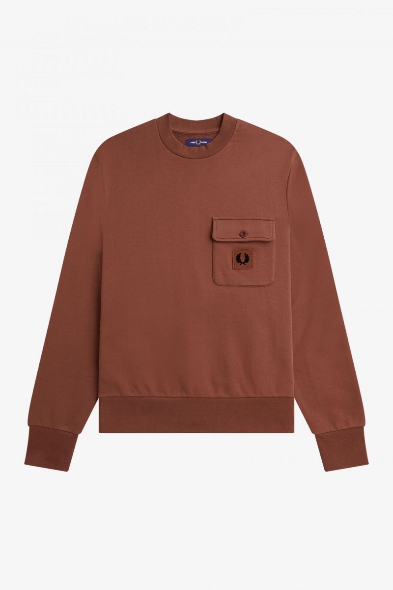 Fred Perry Badge Detail Crew Neck Men's Sweatshirts Whisky Brown | PQJYU7625