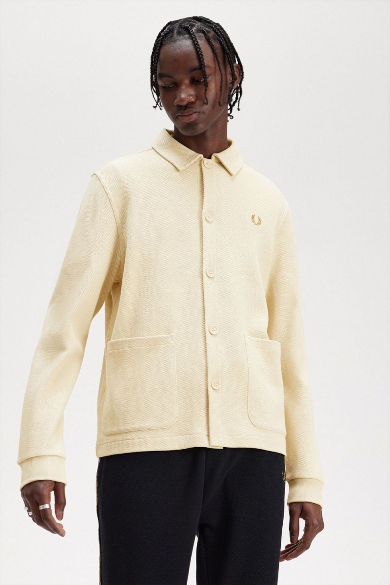 Fred Perry Button Through Long Sleeve Men's Polo Shirt Oatmeal | BROCL4285