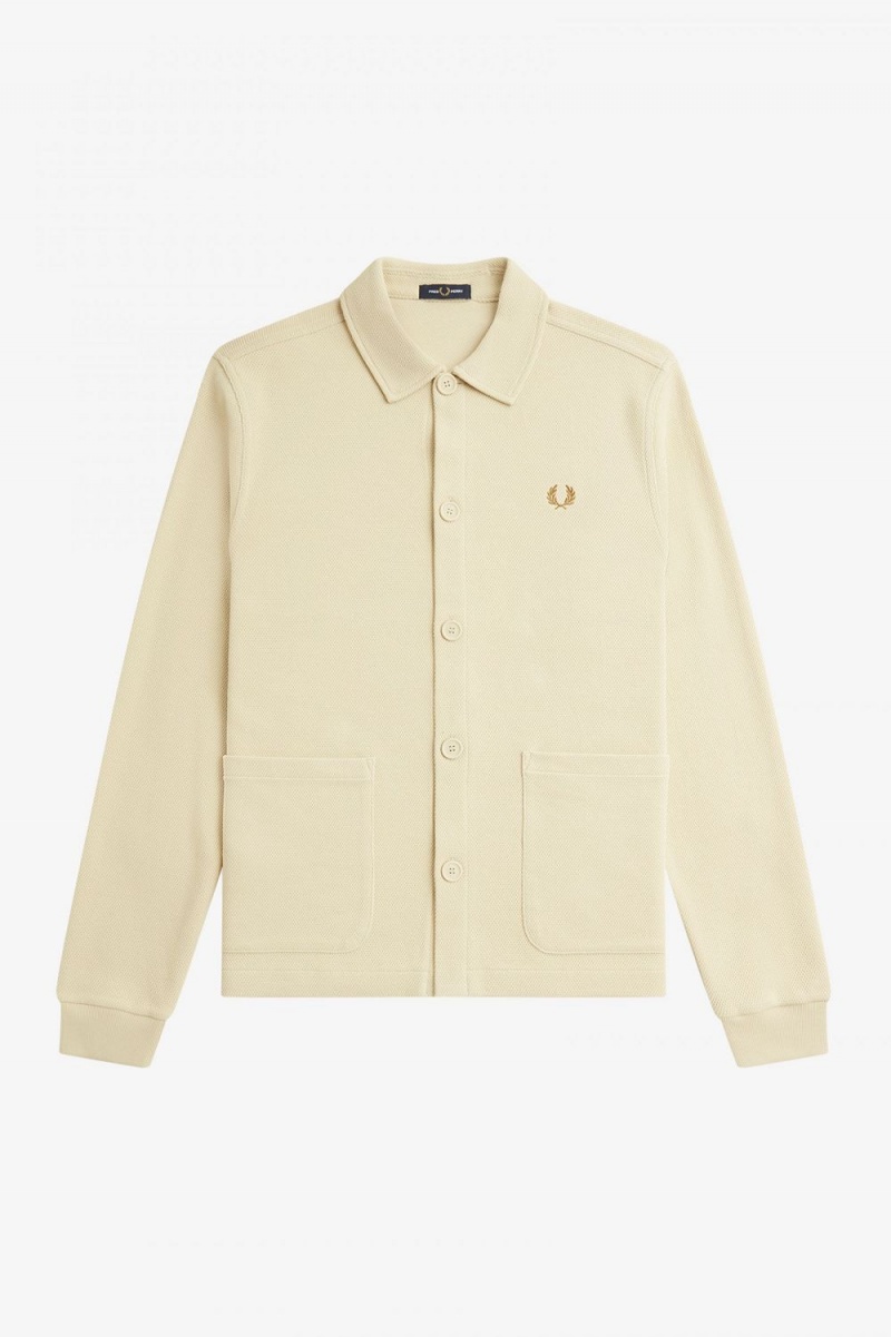 Fred Perry Button Through Long Sleeve Men's Polo Shirt Oatmeal | BROCL4285