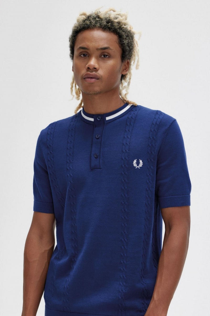 Fred Perry Cable Knit Henley Men's Shirt French Navy | AFQXV7036