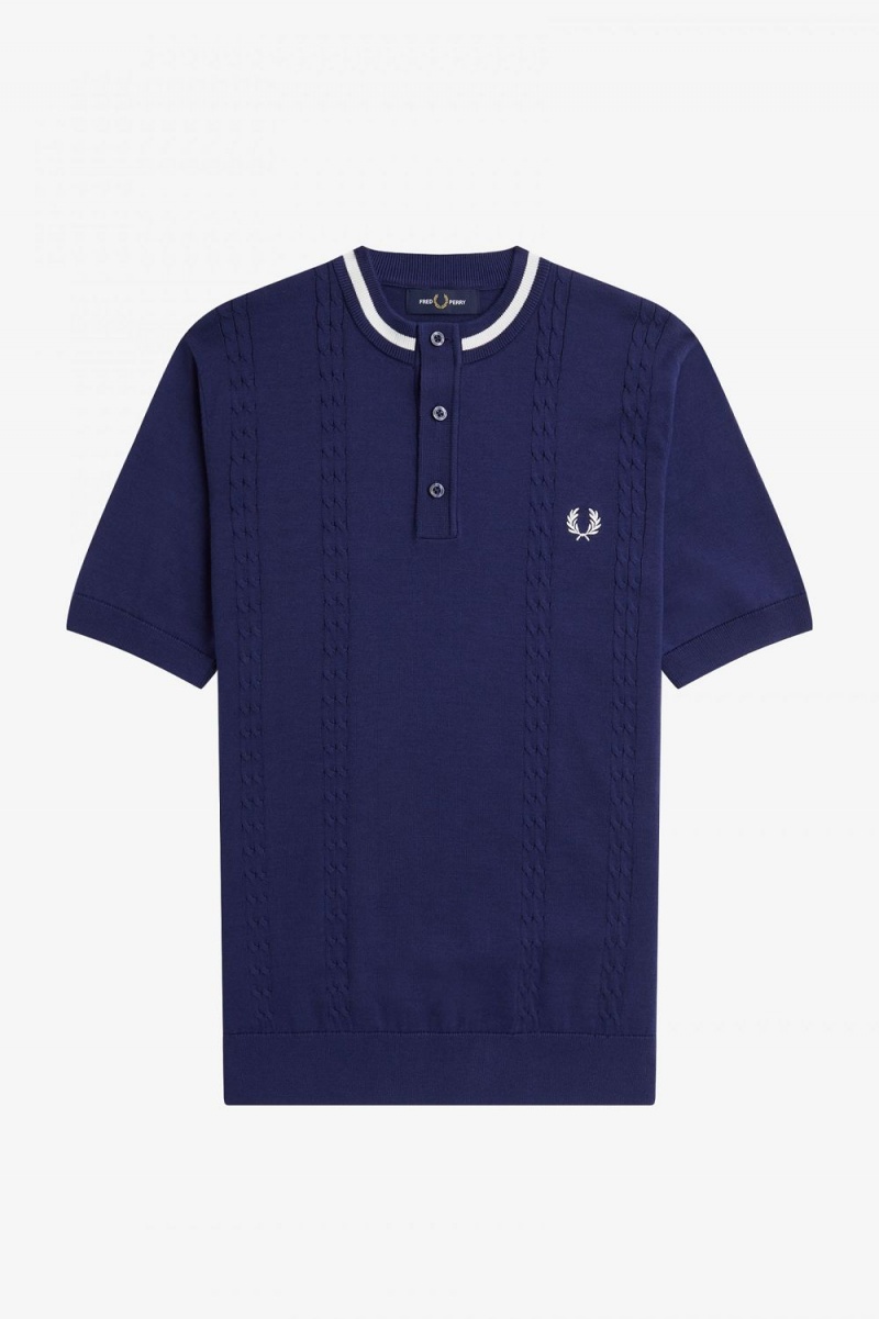 Fred Perry Cable Knit Henley Men's Shirt French Navy | AFQXV7036