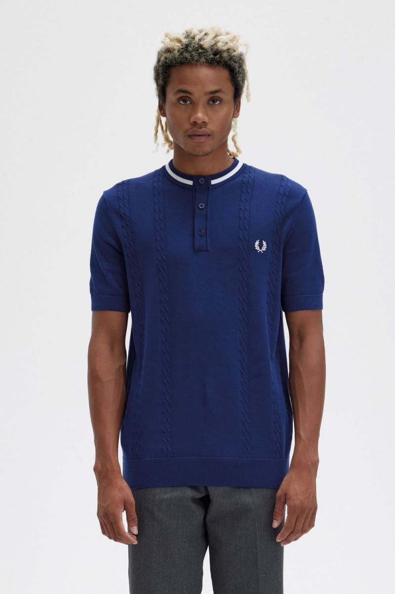 Fred Perry Cable Knit Henley Men\'s Shirt French Navy | AFQXV7036