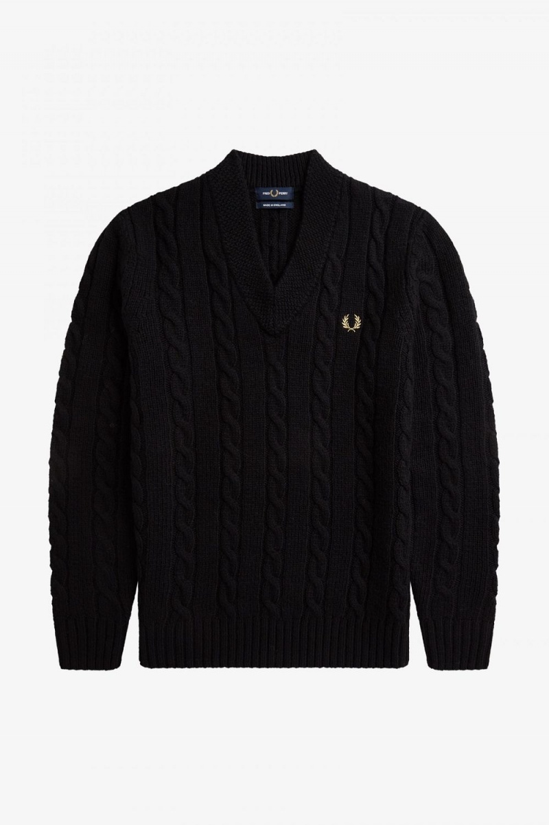 Fred Perry Cable Knit V Neck Men's Jumper Black | GYZEO0143