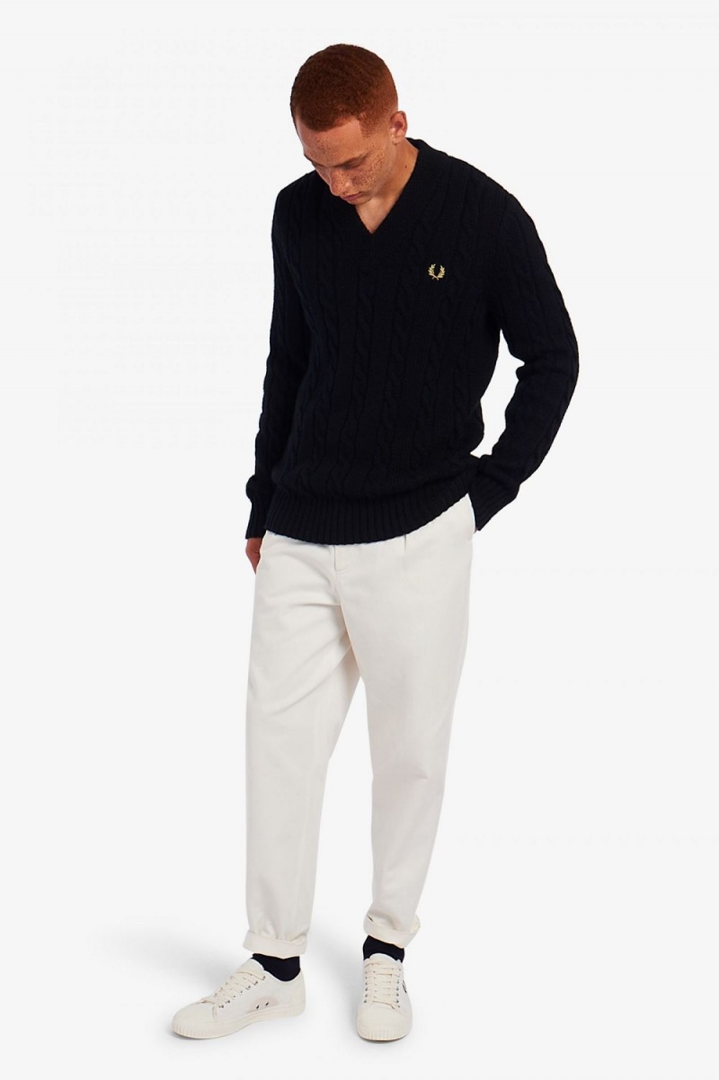 Fred Perry Cable Knit V Neck Men's Jumper Black | GYZEO0143