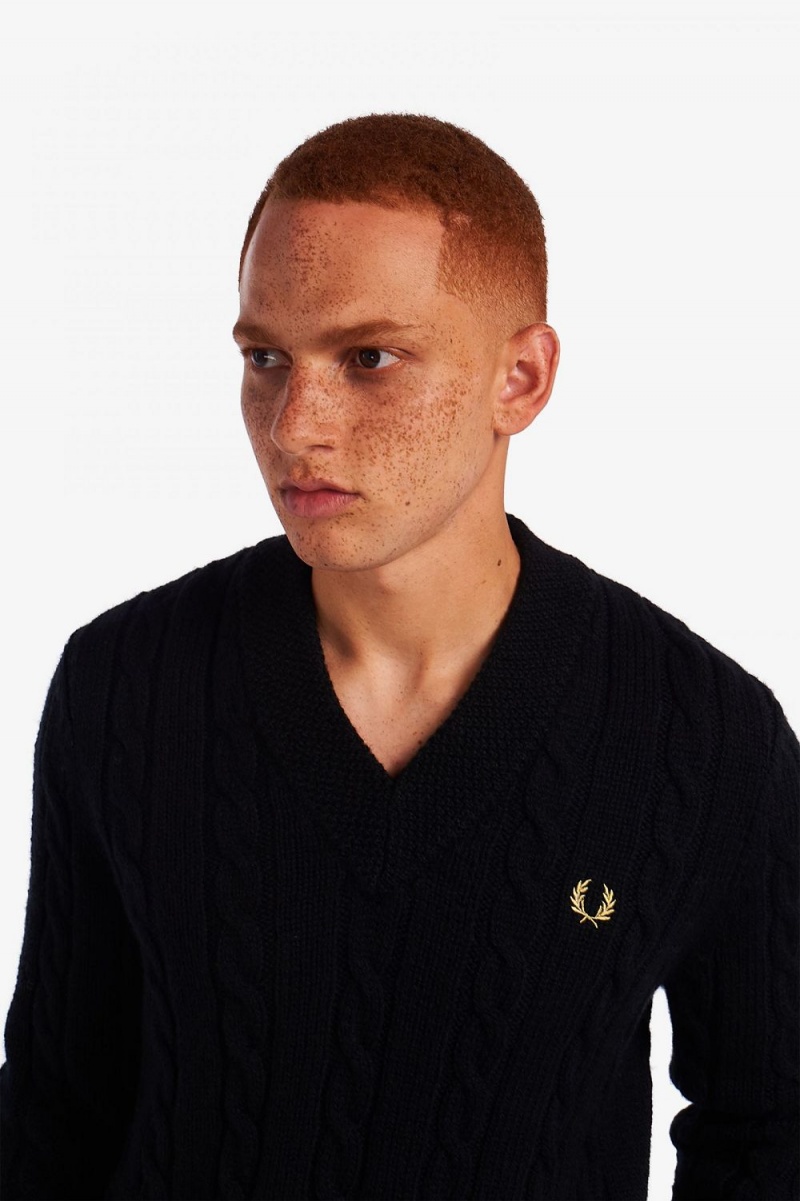 Fred Perry Cable Knit V Neck Men's Jumper Black | GYZEO0143