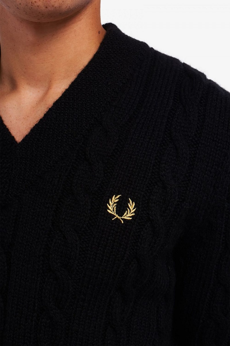 Fred Perry Cable Knit V Neck Men's Jumper Black | GYZEO0143