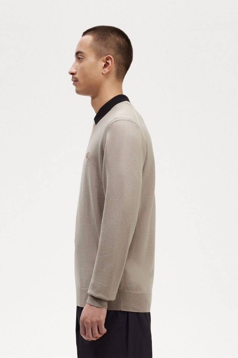 Fred Perry Classic Crew Neck Men's Jumper Dark Oatmeal | BXOHE4201