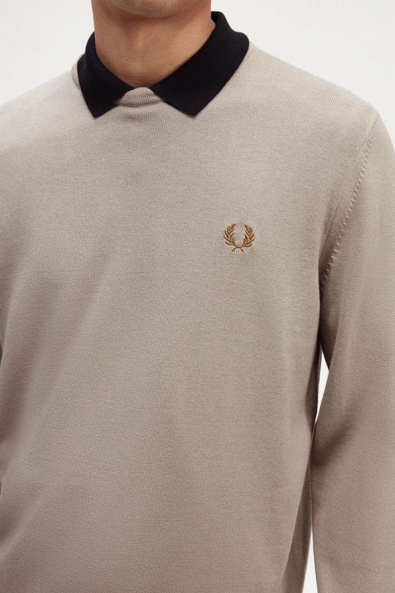 Fred Perry Classic Crew Neck Men's Jumper Dark Oatmeal | BXOHE4201