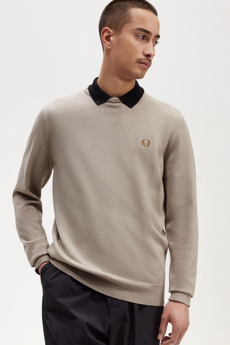 Fred Perry Classic Crew Neck Men's Jumper Dark Oatmeal | BXOHE4201