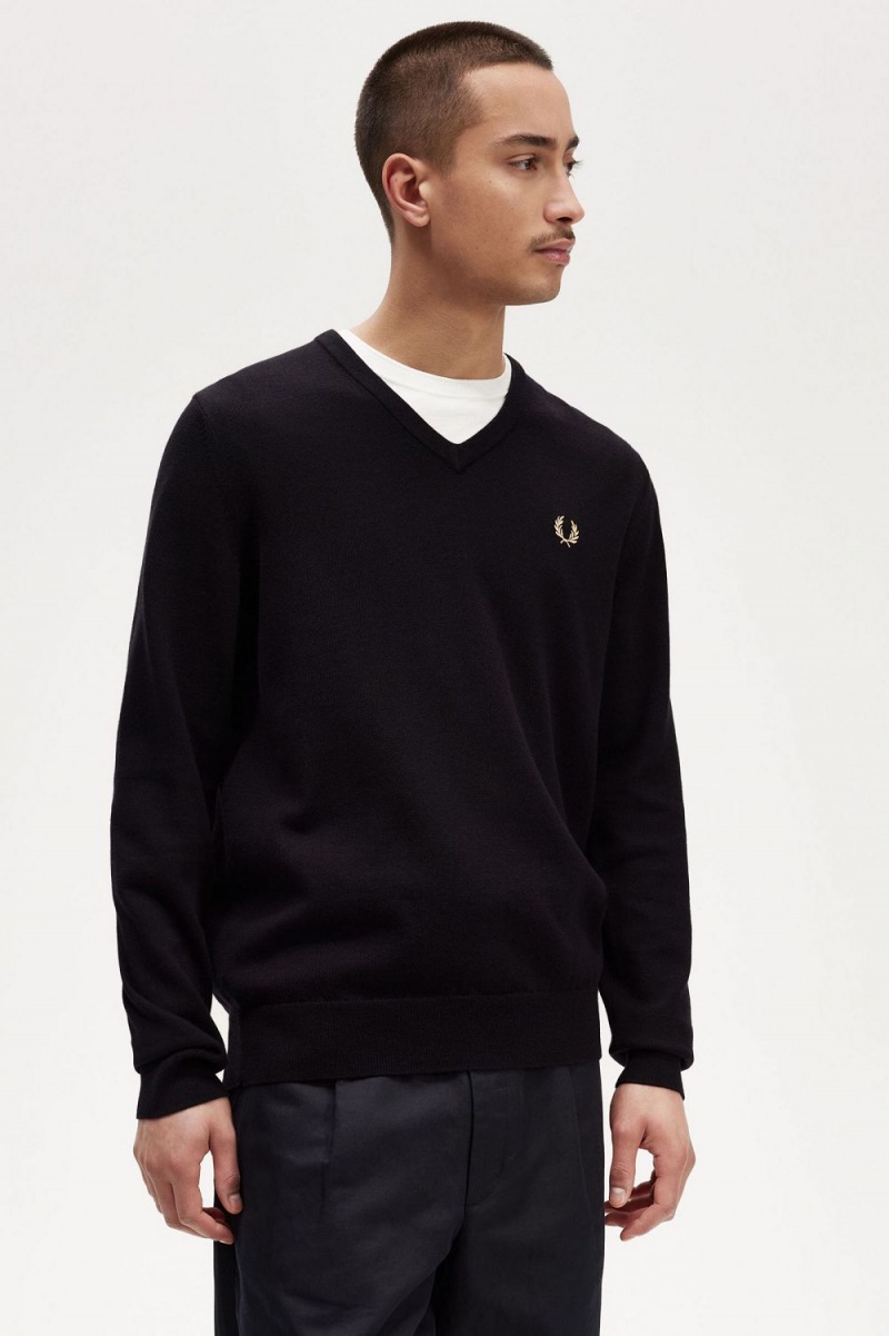 Fred Perry Classic V-Neck Men's Jumper Black | YCVQP0698