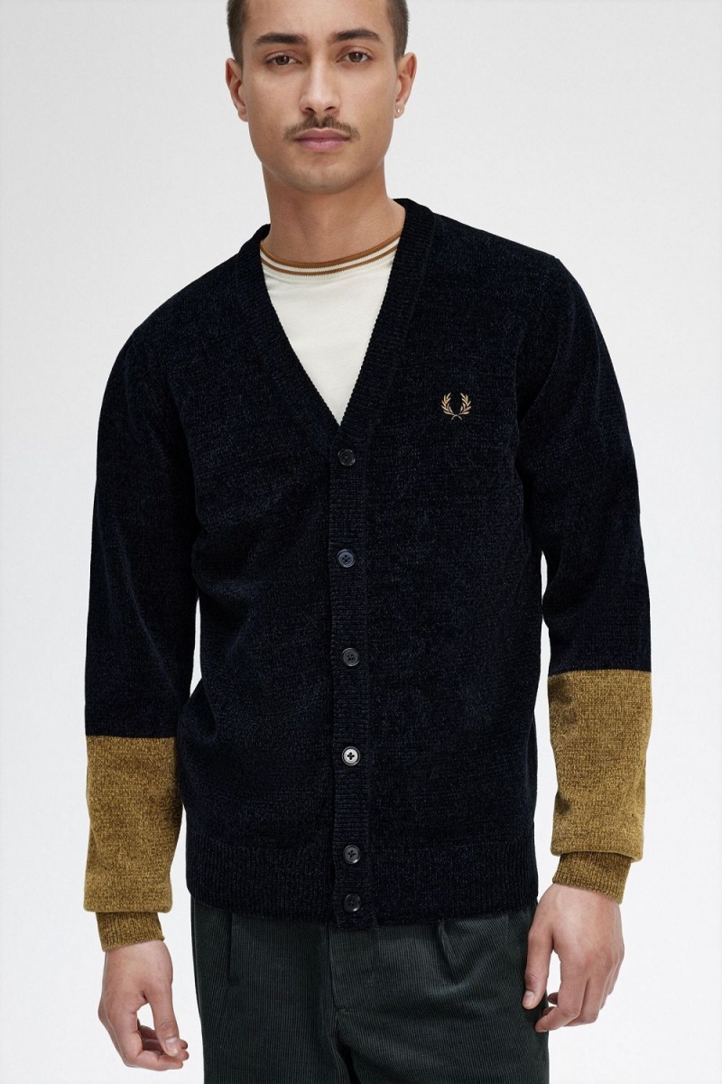 Fred Perry Colour Block Chenille Men's Cardigan Black | BVXIA6497