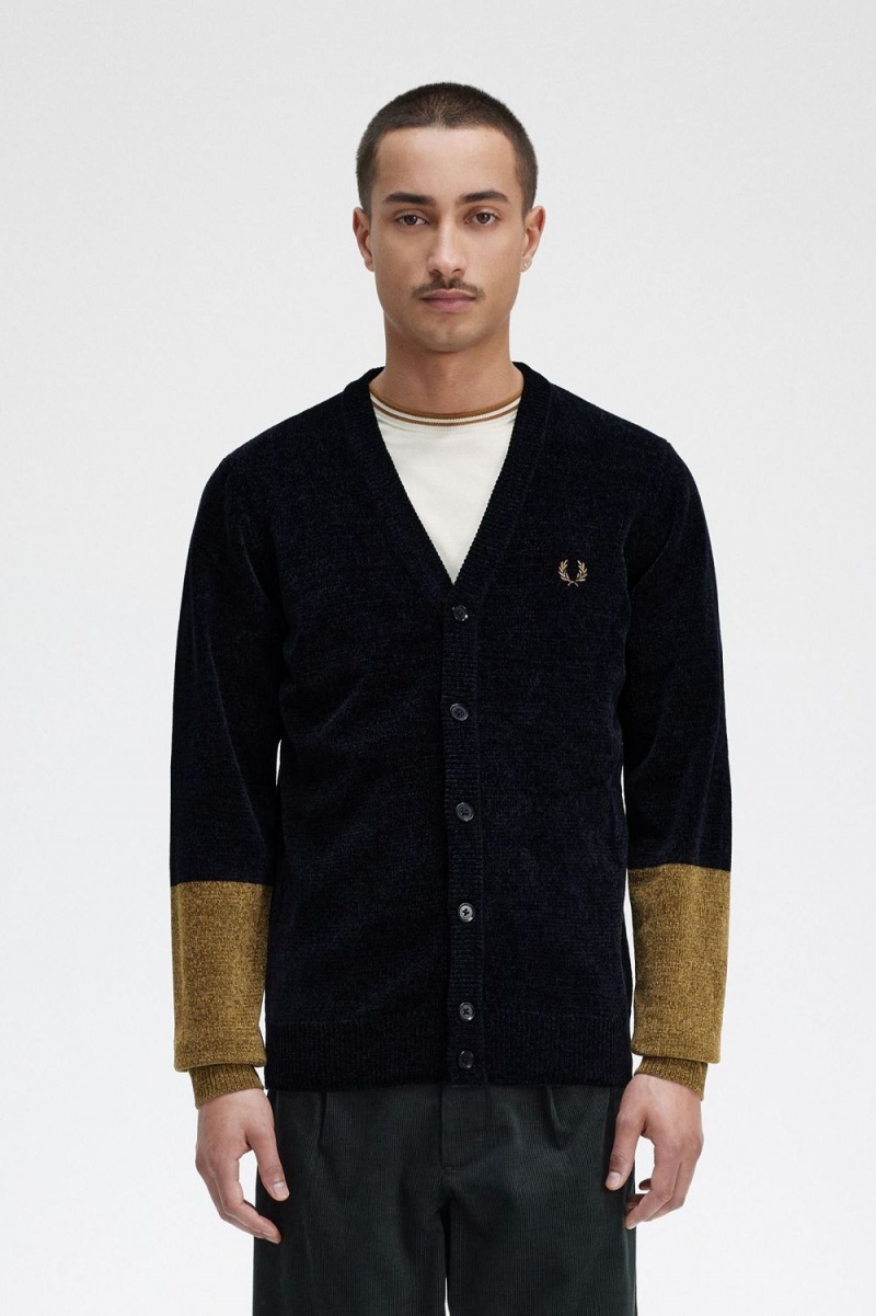 Fred Perry Colour Block Chenille Men\'s Cardigan Black | BVXIA6497