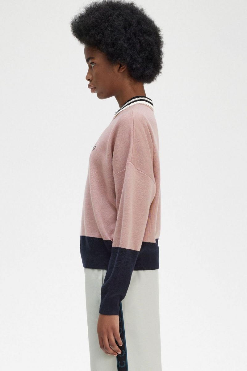 Fred Perry Colour Block Women's Jumper Dusty Rose Pink | VRHJA0495