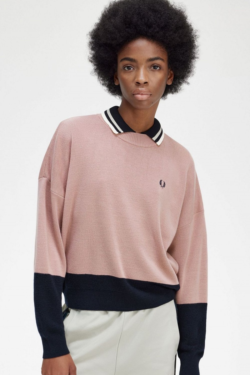 Fred Perry Colour Block Women's Jumper Dusty Rose Pink | VRHJA0495