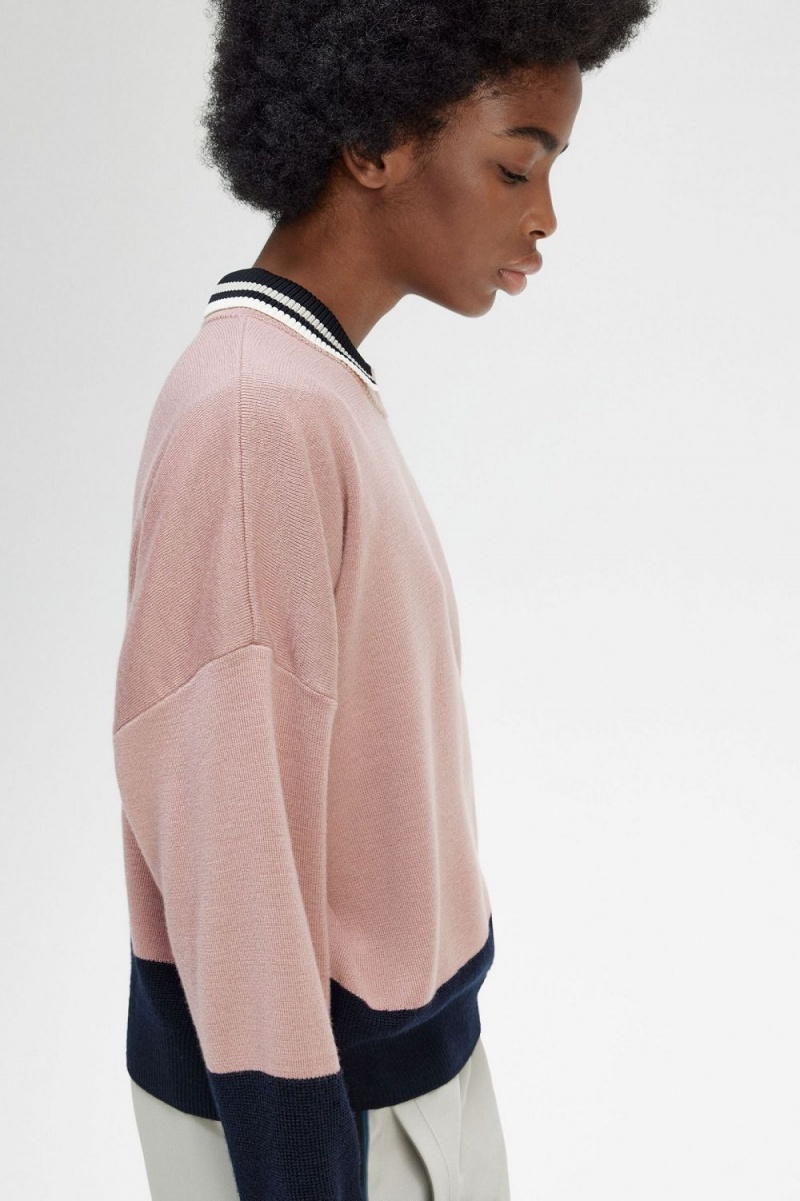 Fred Perry Colour Block Women's Jumper Dusty Rose Pink | VRHJA0495