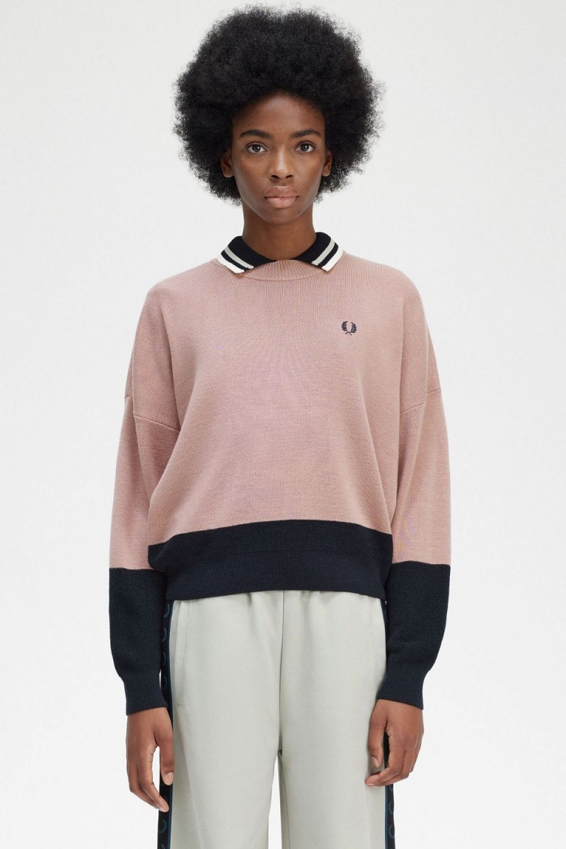 Fred Perry Colour Block Women\'s Jumper Dusty Rose Pink | VRHJA0495