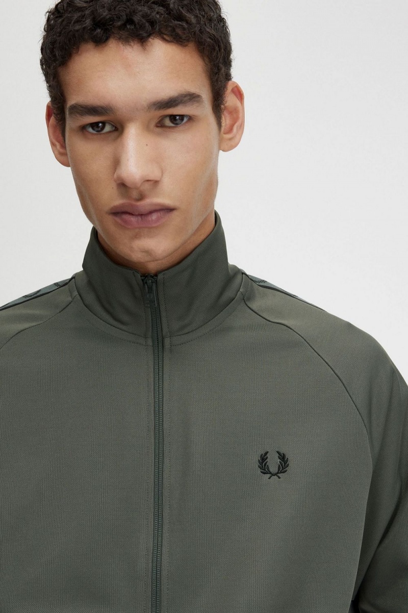 Fred Perry Contrast Tape Men's Track Jackets Field Green Black | XOMAS7806