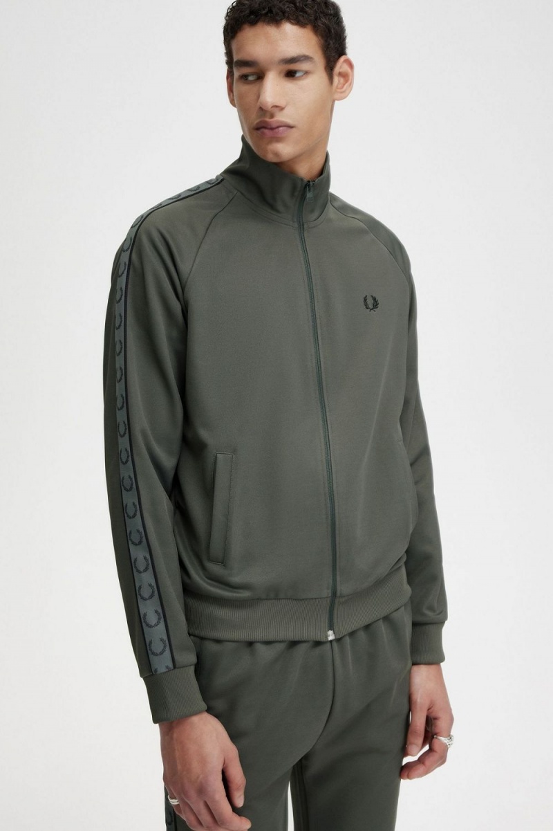 Fred Perry Contrast Tape Men's Track Jackets Field Green Black | XOMAS7806