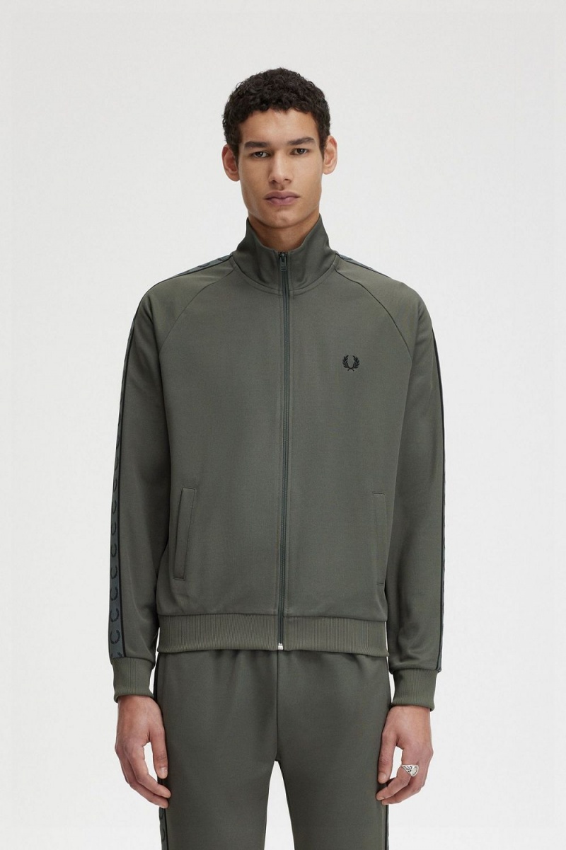 Fred Perry Contrast Tape Men\'s Track Jackets Field Green Black | XOMAS7806