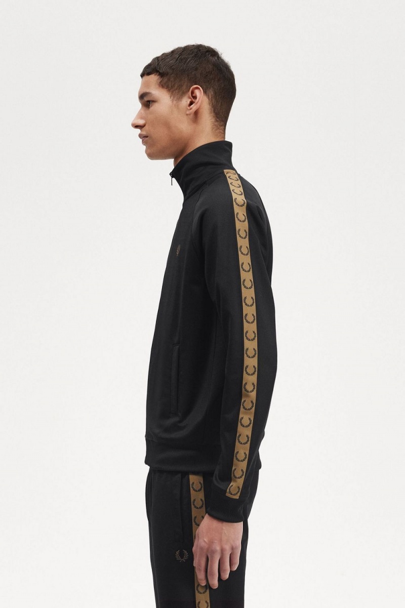 Fred Perry Contrast Tape Men's Track Jackets Black Brown | DSXBJ1632