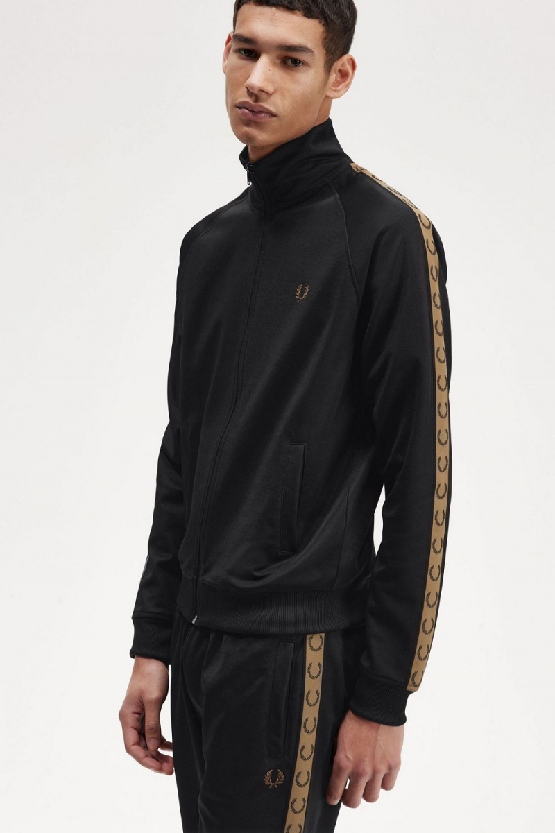 Fred Perry Contrast Tape Men's Track Jackets Black Brown | DSXBJ1632