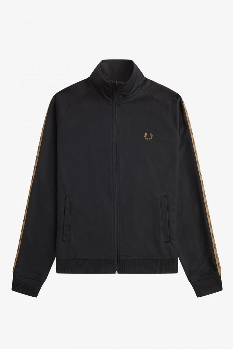 Fred Perry Contrast Tape Men's Track Jackets Black Brown | DSXBJ1632