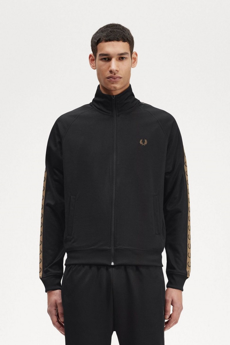 Fred Perry Contrast Tape Men\'s Track Jackets Black Brown | DSXBJ1632