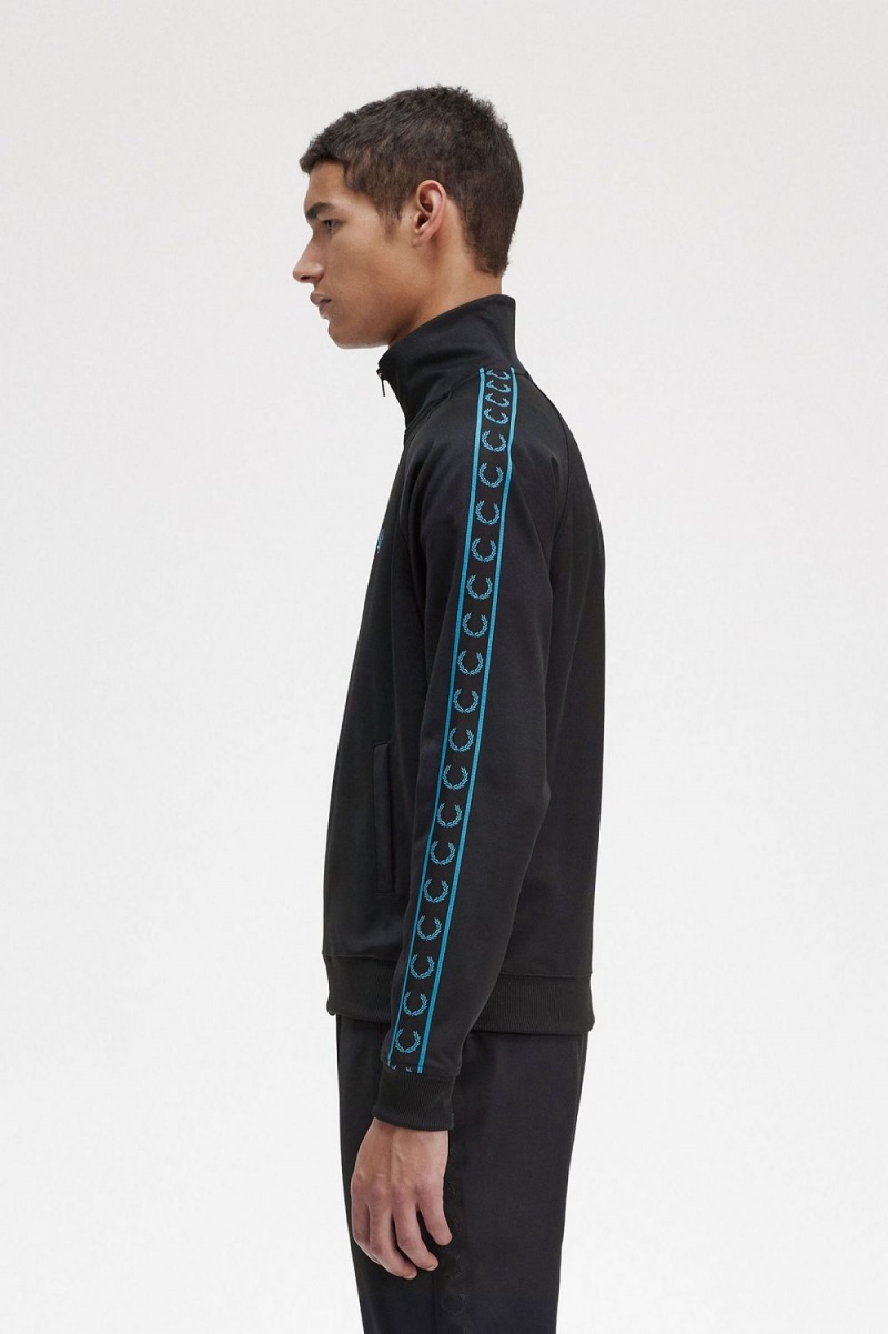 Fred Perry Contrast Tape Men's Track Jackets Black Cyber Blue | BDNSO1607