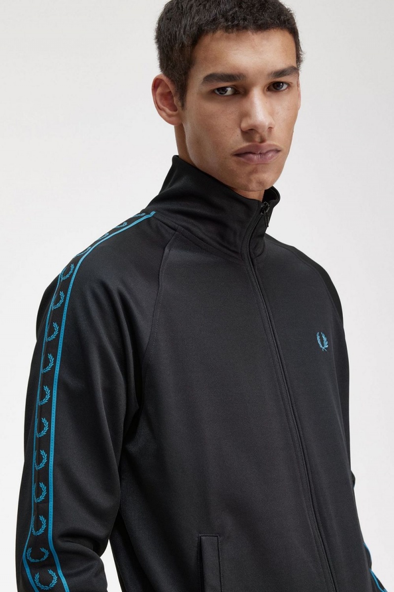 Fred Perry Contrast Tape Men's Track Jackets Black Cyber Blue | BDNSO1607