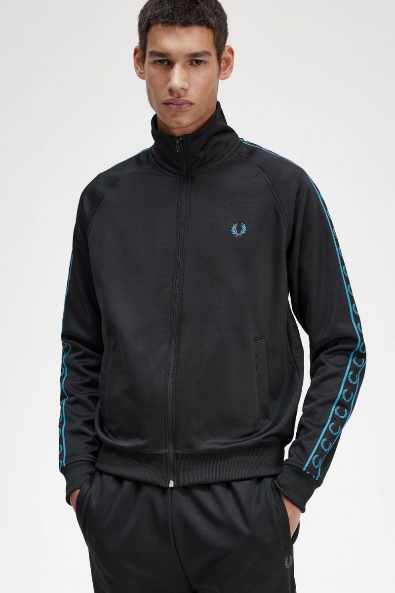 Fred Perry Contrast Tape Men's Track Jackets Black Cyber Blue | BDNSO1607