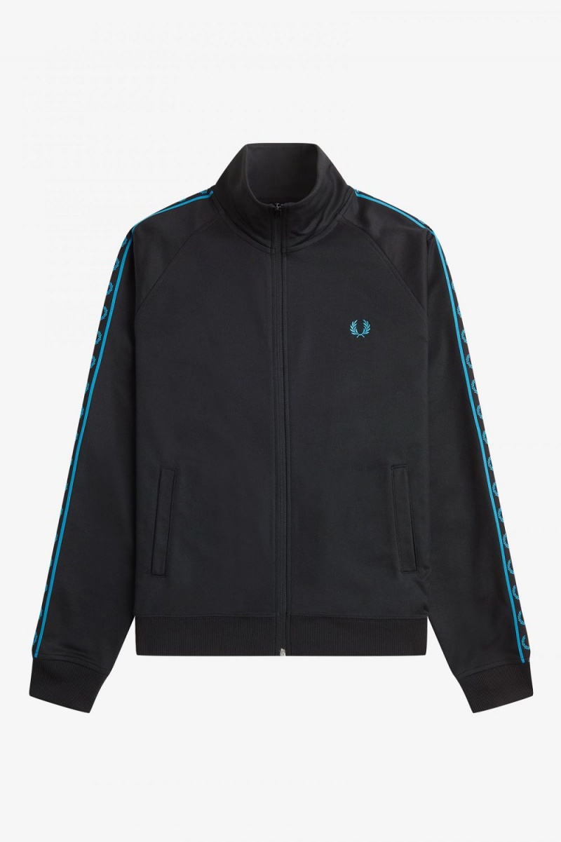 Fred Perry Contrast Tape Men's Track Jackets Black Cyber Blue | BDNSO1607