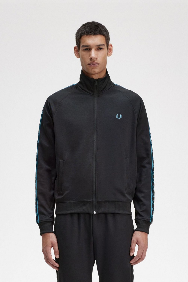 Fred Perry Contrast Tape Men\'s Track Jackets Black Cyber Blue | BDNSO1607