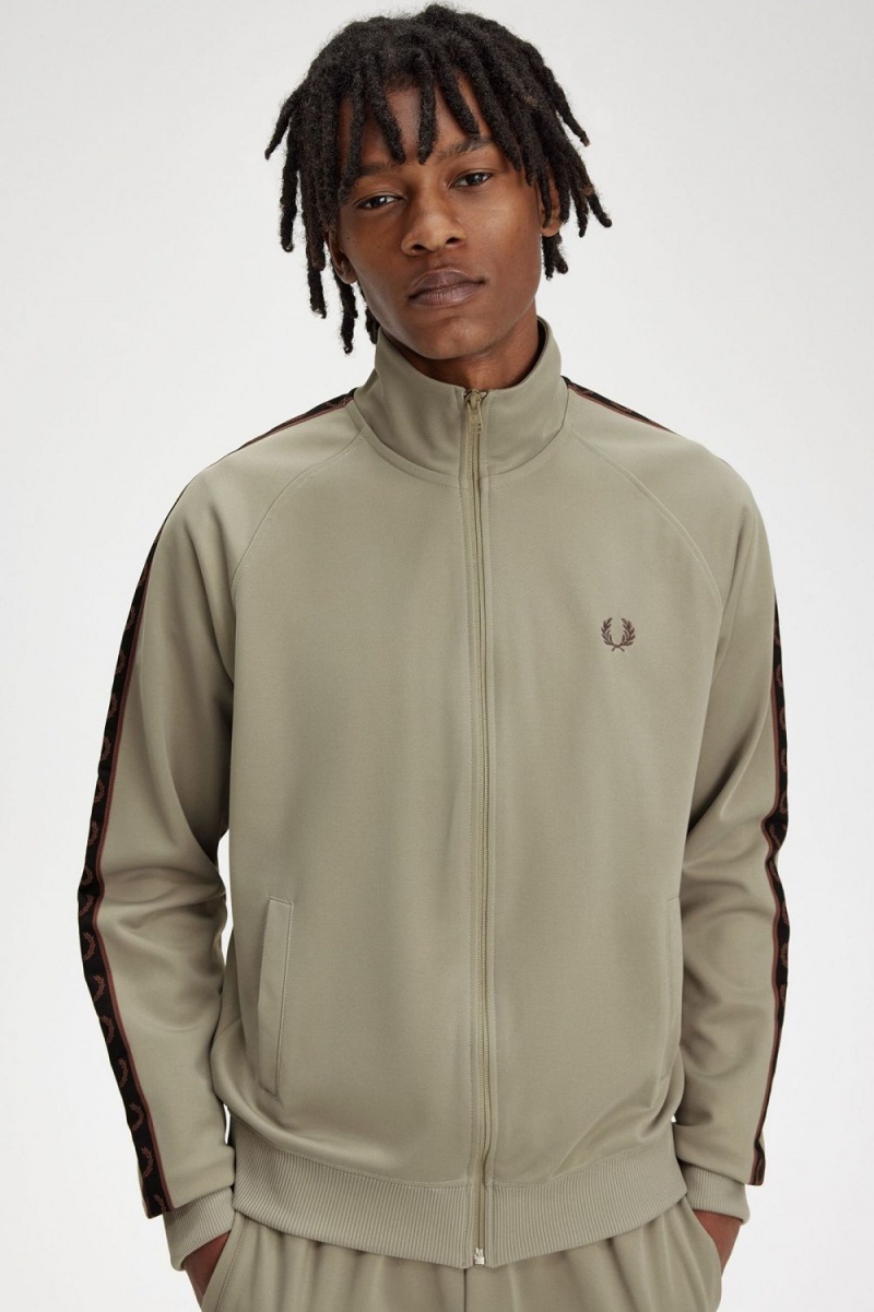 Fred Perry Contrast Tape Men's Track Jackets Warm Grey Dark Red | KSRAT0179