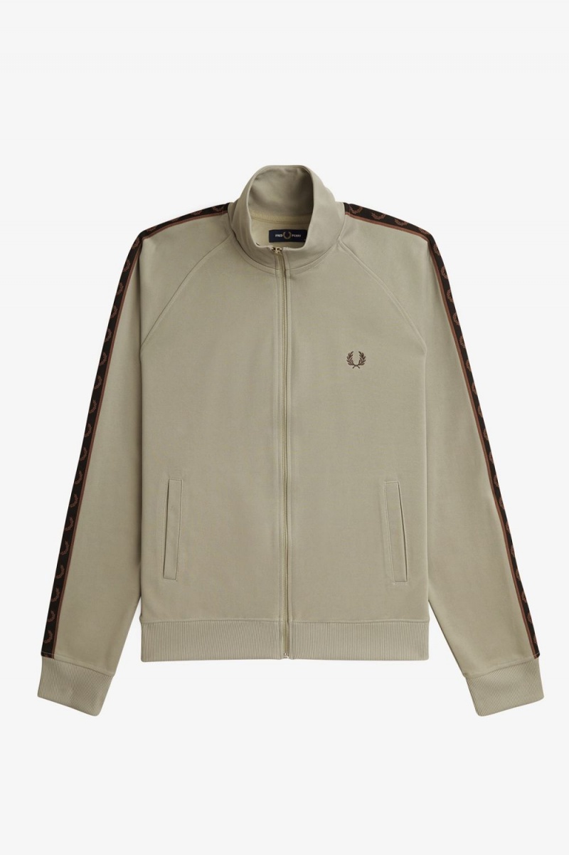 Fred Perry Contrast Tape Men's Track Jackets Warm Grey Dark Red | KSRAT0179