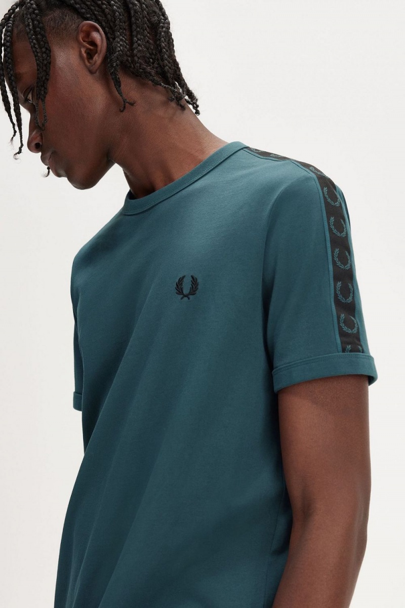 Fred Perry Contrast Tape Ringer Men's T-Shirt Petrol Blue Black | UPIVO0635