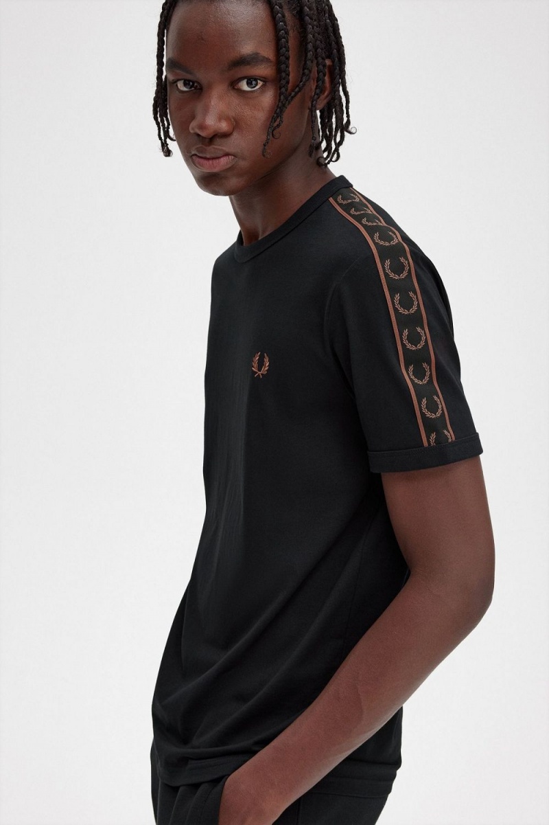 Fred Perry Contrast Tape Ringer Men's T-Shirt Black Whisky Brown | PJLIH8419